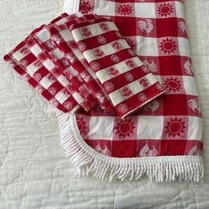 Vintage Red And White Gingham Check Tablecloth With Napkins 80x44 Rooster/Sun